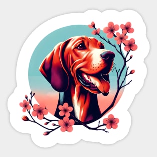 Redbone Coonhound Delights in Spring Cherry Blossoms Sticker